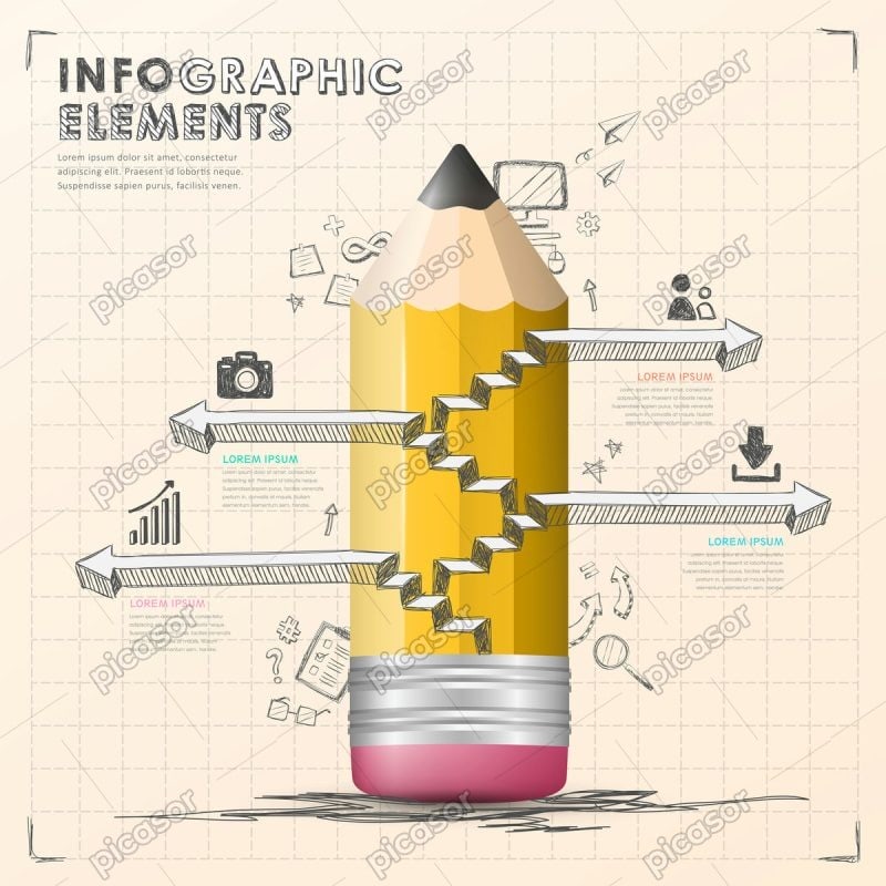 وکتور اینفوگرافیک مداد با فلش و پله - وکتور اینفوگرافیک آموزشی