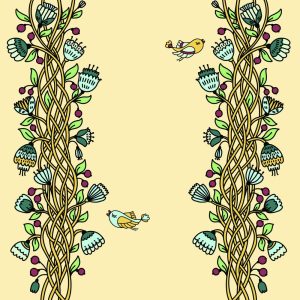 وکتور کارت با گلهای پیچک و پرنده سبک نقاشی کودکانه