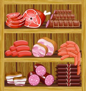 9 وکتور مواد پروتئینی گوشت و سوسیس کالباس داخل قفسه سوپر پروتئینی