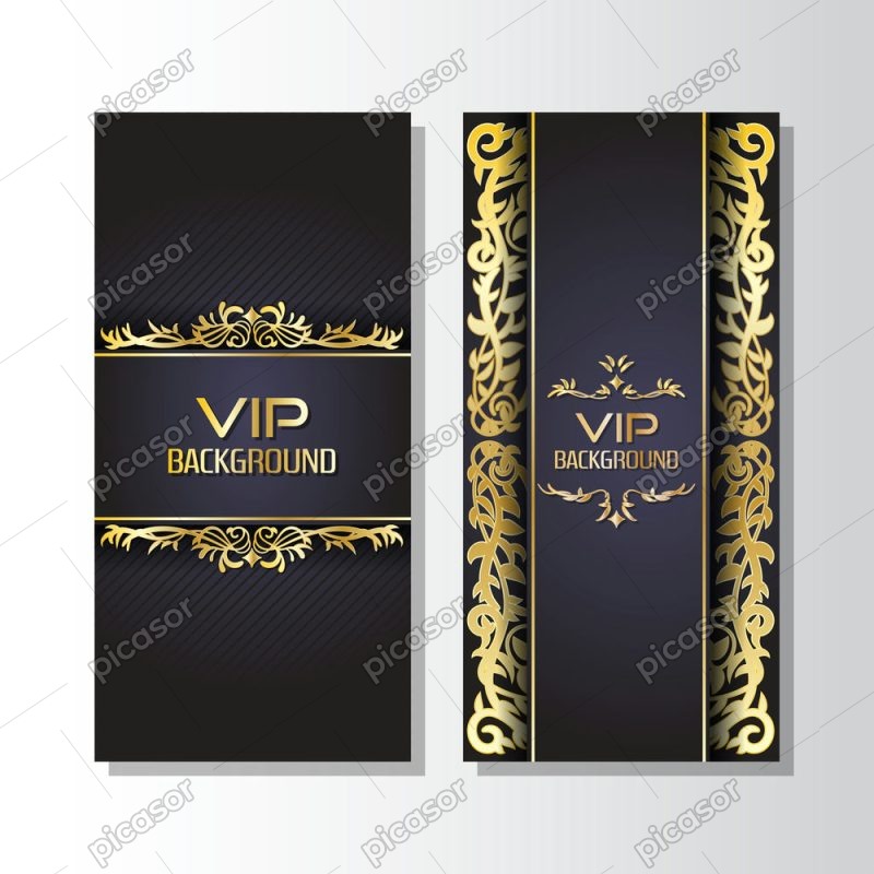 2 وکتور کارت VIP زمینه برگ های طلایی سبک ویکتورین