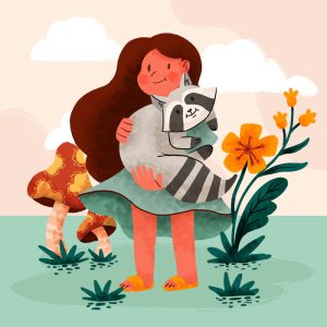 وکتور نقاشی دختر با راکون - وکتور تصویرسازی کودک با حیوانات