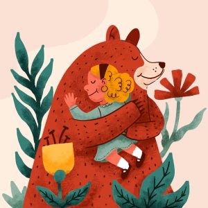 وکتور نقاشی دختربچه در آغوش خرس - وکتور تصویرسازی کودک با حیوانات
