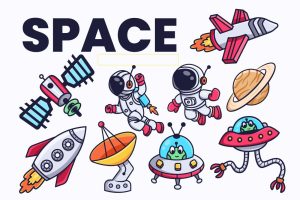 9 وکتور فضا فضانورد و موجودات فضایی با سفینه ماهواره و موشک و سیاره طرح کارتونی