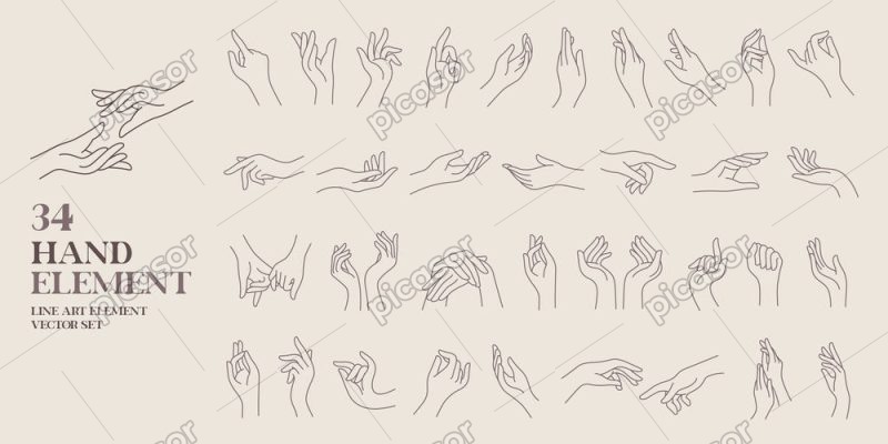 34 وکتور دست با خط در حالات مختلف - وکتور خطی دست زن