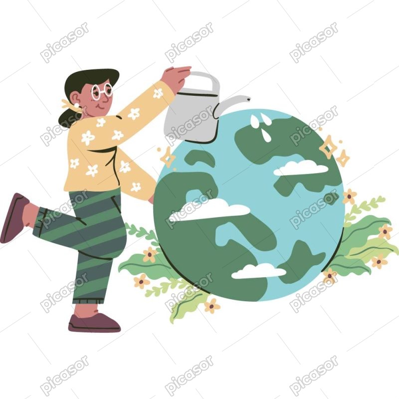 وکتور دختر در حال آب دادن به کره زمین سبز - وکتور روز زمین پاک و زمین سبز