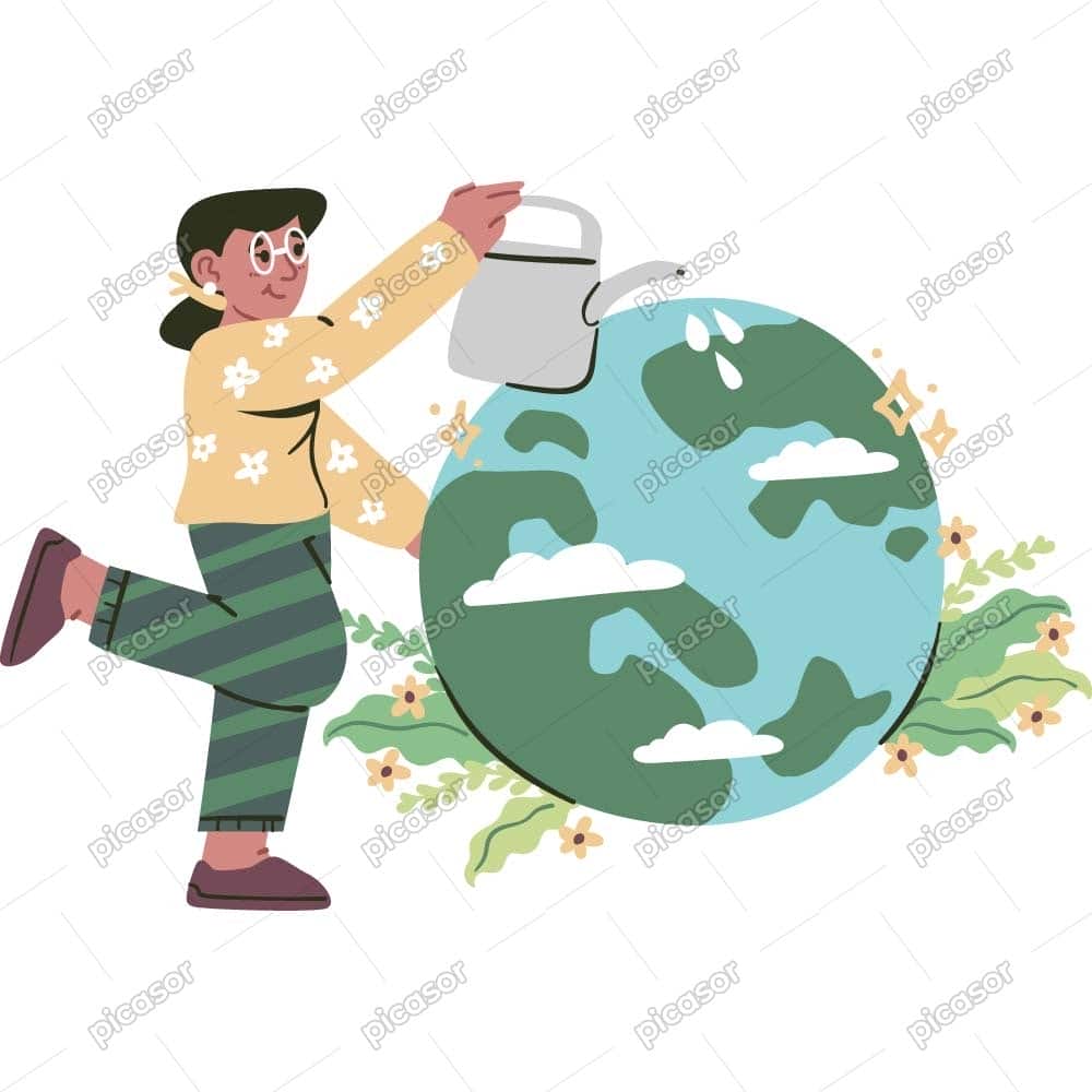 وکتور دختر در حال آب دادن به کره زمین سبز - وکتور روز زمین پاک و زمین سبز وکتور دختر در حال آب دادن به کره زمین سبز - وکتور روز زمین پاک و زمین سبز
