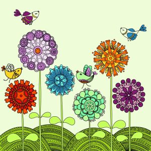 وکتور نقاشی کودکانه از گل و پرنده