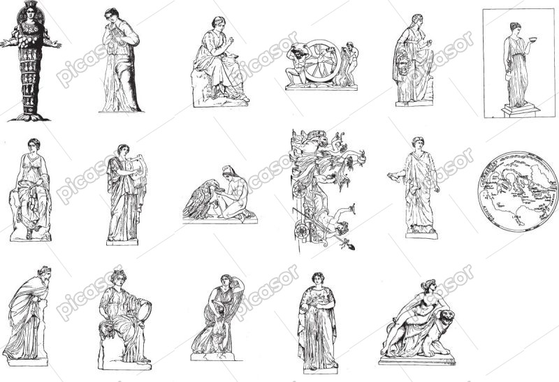 17 وکتور زن یونانی مرد یونانی - وکتور مجسمه زن و مرد یونانی و شخصیت های یونان باستان