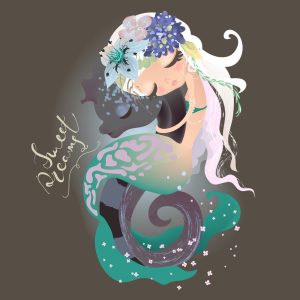 وکتور پری دریایی با اسب دریایی - وکتور نقاشی فانتزی پری دریایی با گل