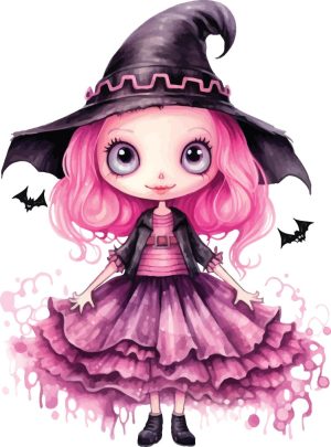 وکتور دختربچه با لباس جادوگری و هالووین - وکتور نقاشی دختر کوچولو با آرایش هالووین