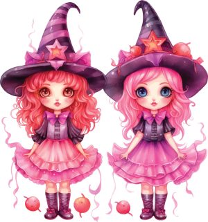 2 وکتور نقاشی دختربچه با لباس جادوگری و هالووین - وکتور دختر با لباس هالووین