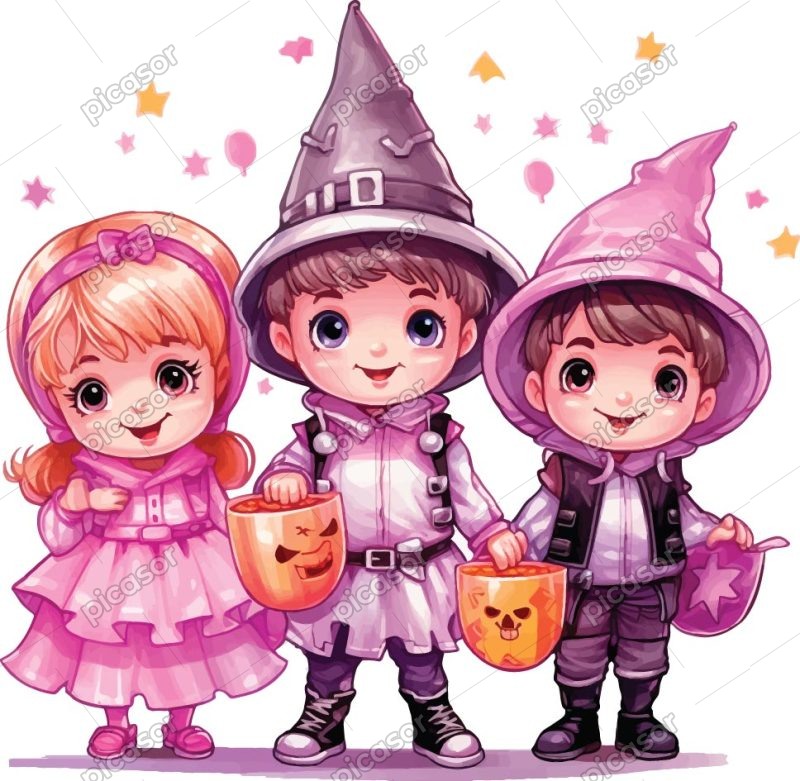 وکتور 3 بچه کارتونی با لباس هالووین - وکتور نقاشی پسربچه دختربچه بامزه با لباس هالووین