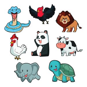 8 وکتور حیوانات کارتونی بامزه - وکتور گاو مار شیر لاکپشت فیل خروس پاندا و پرنده کارتونی