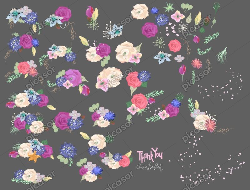 50 وکتور گل و تاج گل آبرنگی با برگ و شاخه - وکتور المانهای تزئینی گلدار