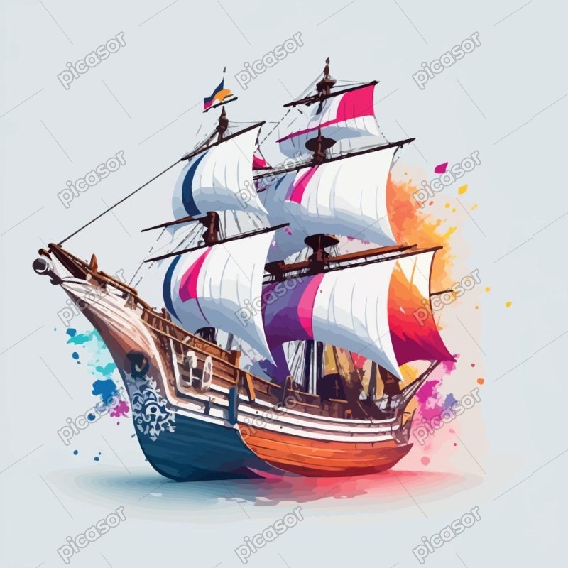 وکتور کشتی بادبانی رنگارنگ - وکتور تصویرسازی کشتی بادبانی نقاشی رنگی