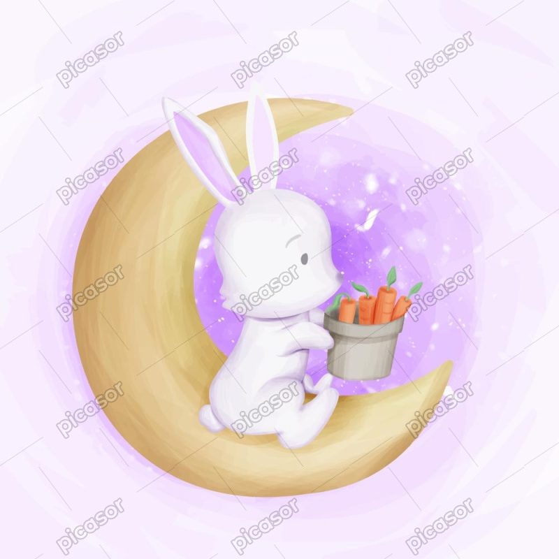 وکتور خرگوش روی ماه با هویج سبک نقاشی آبرنگ