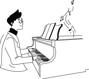 وکتور مرد پیانیست نوازنده پیانو طرح خطی- وکتور موسیقی با نوازنده پیانو