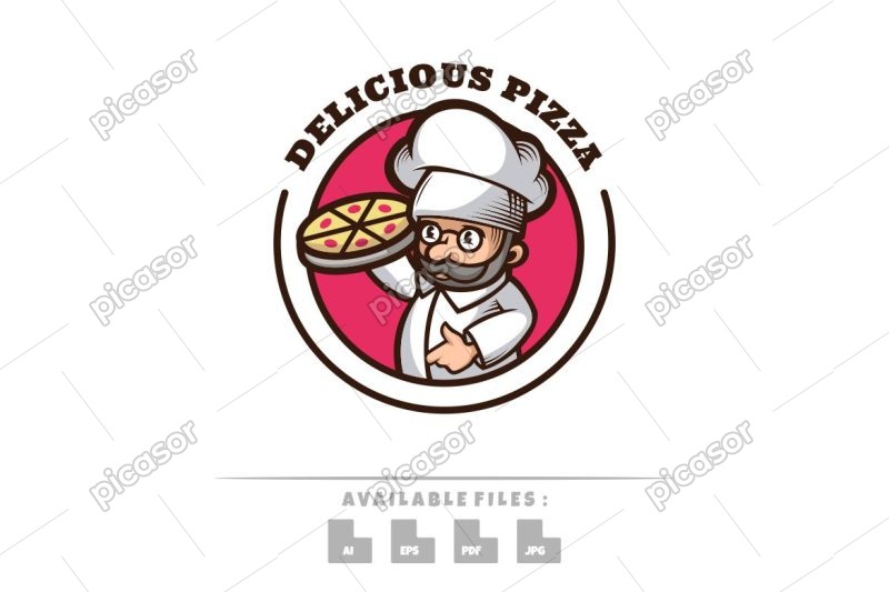 وکتور لوگو پیتزا فست فود با آشپز طرح کارتونی