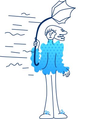 وکتور دختر با چتر شکسته در باد طرح کارتونی کمیک خطی چتر در باد