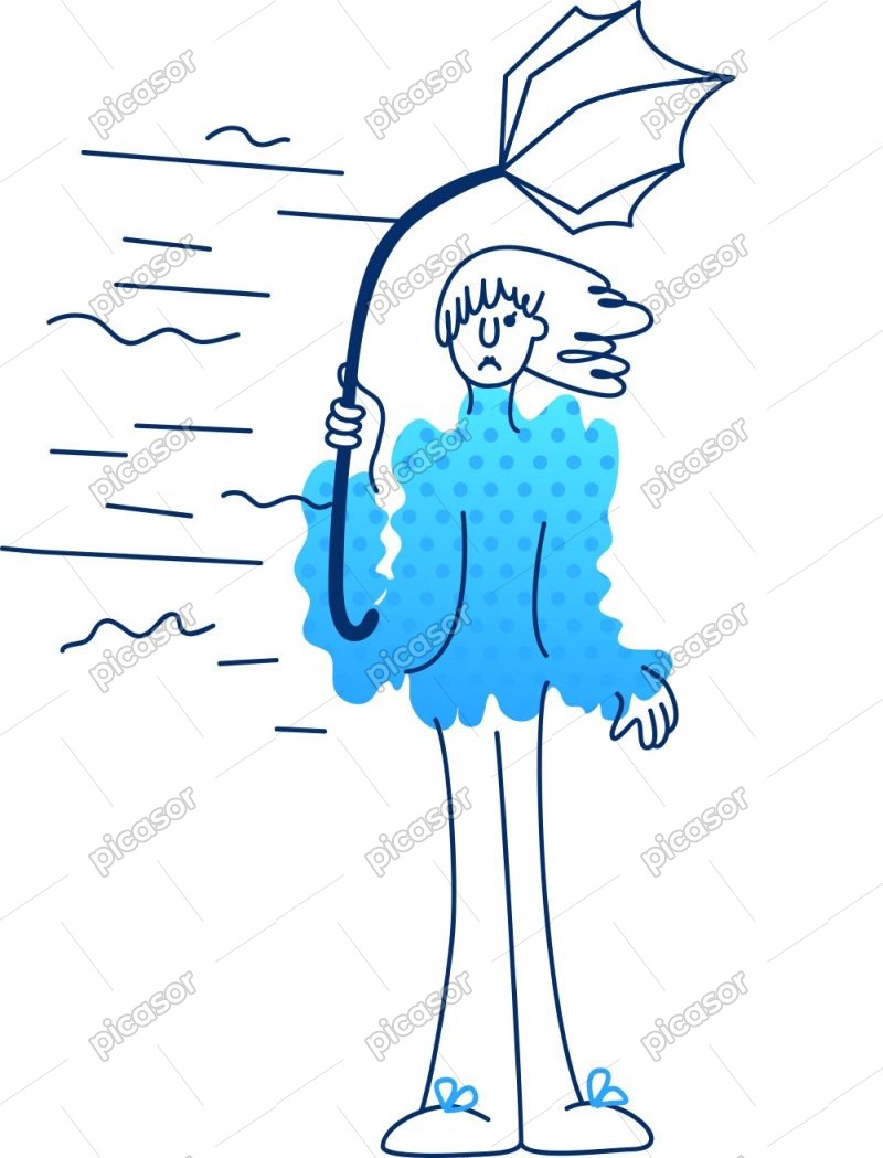 وکتور دختر با چتر شکسته در باد طرح کارتونی کمیک خطی چتر در باد
