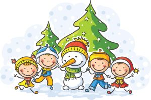 وکتور بچه ها با آدم برفی طرح نقاشی کارتونی - وکتور آدم برفی و کودکان شاد در کریسمس