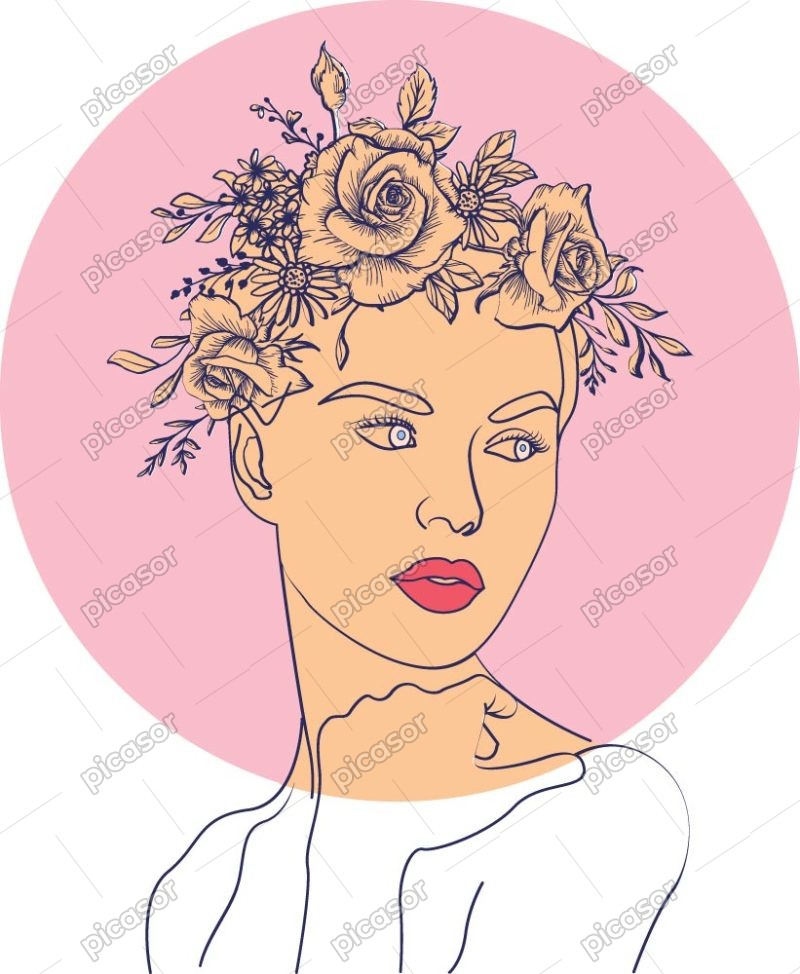 وکتور زن زیبا با تاج گل سبک مینیمال رنگی – وکتور پرتره زن