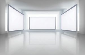 وکتور فضای داخلی گالری با تابلو های عکس و نورپردازی - وکتور پس زمینه گالری هنری