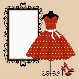 وکتور لباس زنانه با آینه و کفش پاشنه بلند - وکتور اتاق پرو و مزون لباس