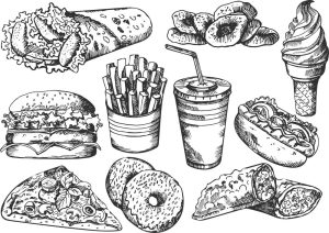 10 وکتور ساندویچ همبرگر هات داگ پیتزا - وکتور نقاشی غذاهای فست فود و بستنی نوشابه