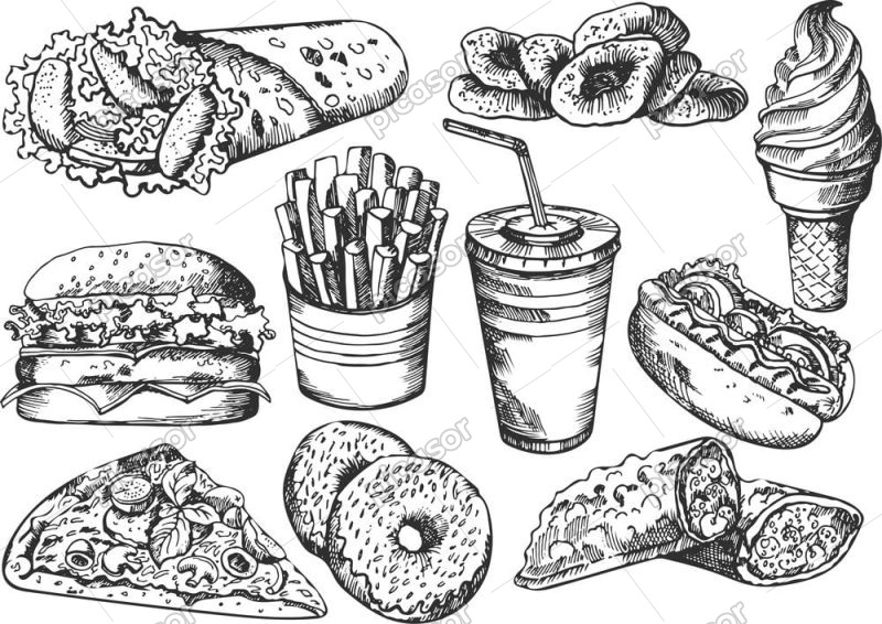 10 وکتور ساندویچ همبرگر هات داگ پیتزا - وکتور نقاشی غذاهای فست فود و بستنی نوشابه