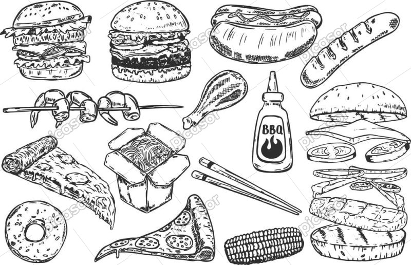 14 وکتور نقاشی پیتزا همبرگر هات داگ و نودل - وکتور نقاشی غذاهای فست فود