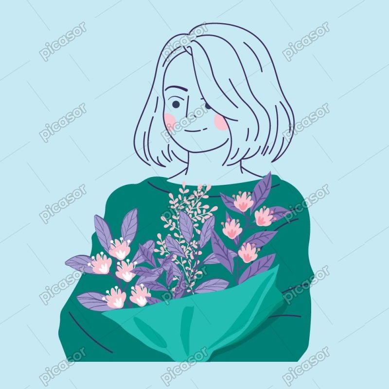 وکتور دختر با دسته گل طرح مینیمال - وکتور خطی دختر با گلهای بنفش