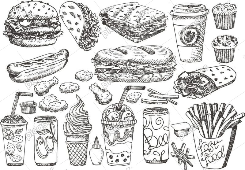 16 وکتور ساندویچ مرغ سوخاری همبرگر هات داگ و نوشابه بستنی - وکتور نقاشی غذاهای فست فود
