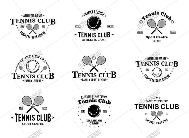 9 وکتور لوگو باشگاه تنیس با راکت تنیس و توپ تنیس