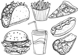 7 وکتور ساندویچ همبرگر هات داگ پیتزا - وکتور نقاشی غذاهای فست فود و نوشابه و سیب زمینی سرخ شده