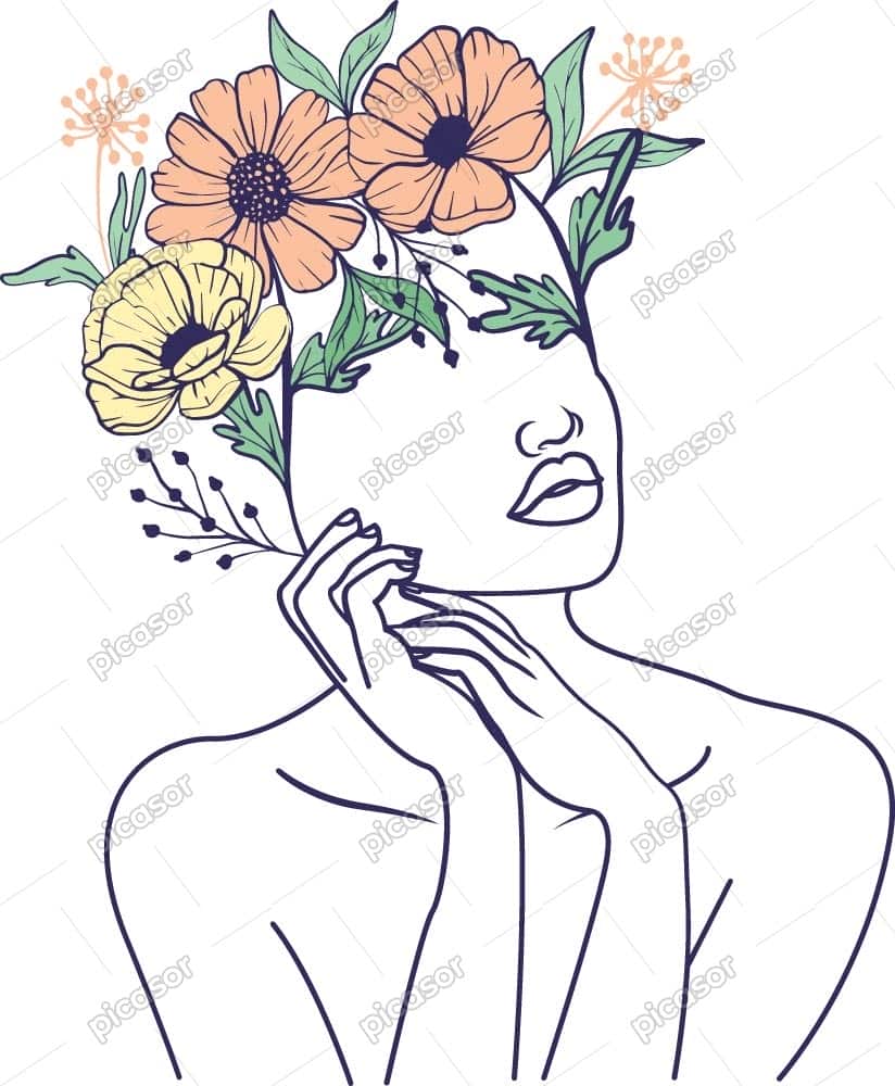 وکتور خطی زن با تاج گل - وکتور زن مینیمال وکتور خطی زن با تاج گل - وکتور زن مینیمال
