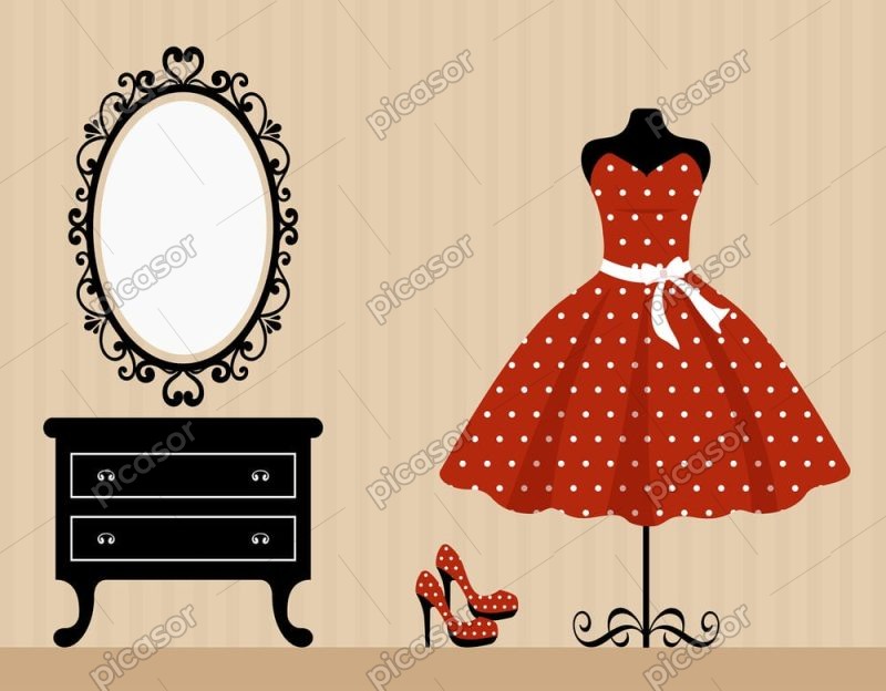 وکتور مانکن لباس زنانه با آینه و کفش پاشنه بلند - وکتور اتاق پرو و مزون لباس قدیمی