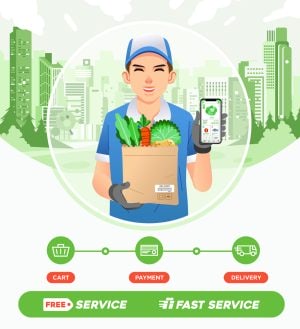 وکتور مرد با پاکت میوه و سبزیجات فروشگاه خرید و تحویل تره بار آنلاین - وکتور اپلیکیشن سفارش میوه و سبزیجات