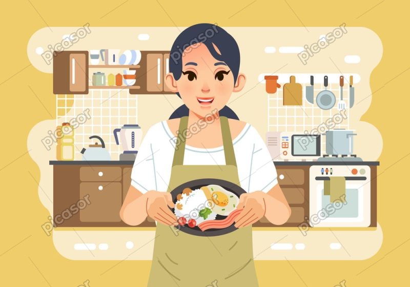 وکتور دختر با بشقاب غذا در دست - وکتور زن در آشپزخانه