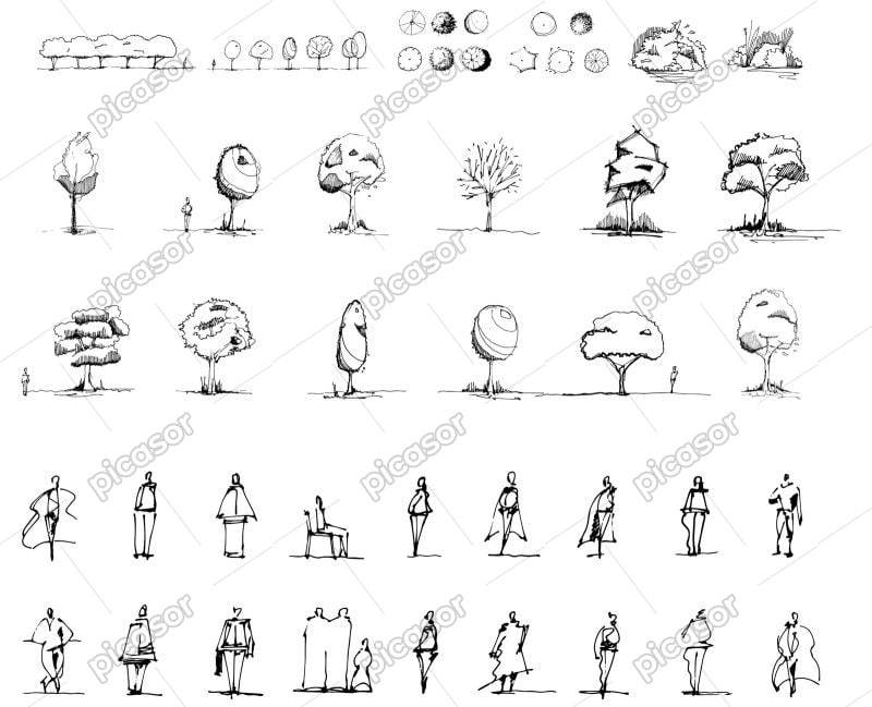 38 وکتور نقاشی درخت و انسان طرح اسکچ - وکتور اسکچ مردم با درخت