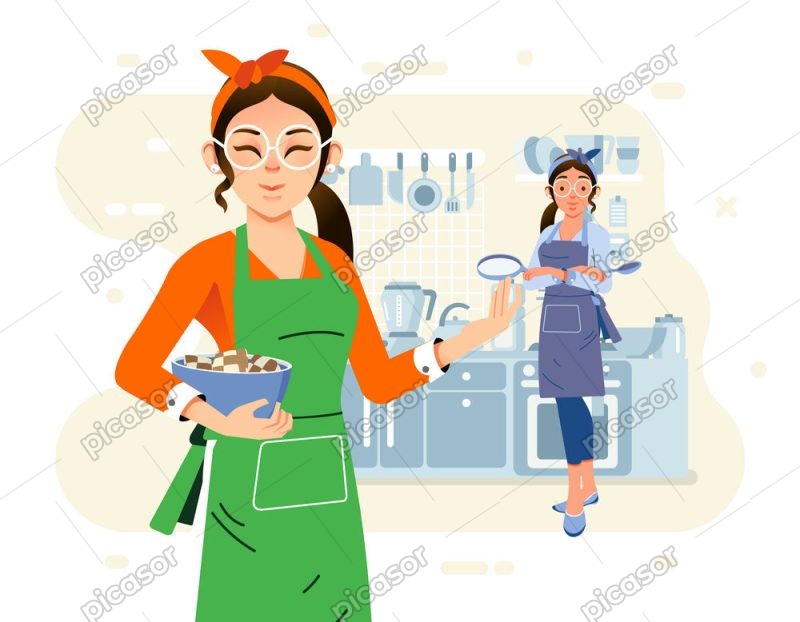 وکتور کلاس آشپزی با زنها در آشپزخانه - وکتور زن در آشپزخانه