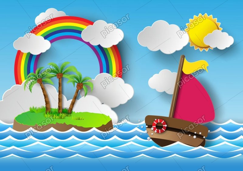 وکتور قایق در دریا با جزیره و رنگین کمان