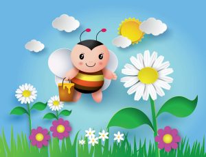 وکتور کارتونی زنبور عسل با سطل عسل در باغ گل