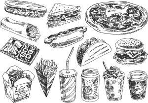 14 نقاشی وکتور نودل پیتزا ساندویچ همبرگر هات داگ و نوشابه - وکتور نقاشی انواع غذاهای فست فود