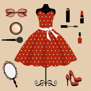 وکتور لباس زنانه با لوازم آرایش آینه رژلب سایه لاک و کفش پاشنه بلند - وکتور ست قرمز زنانه