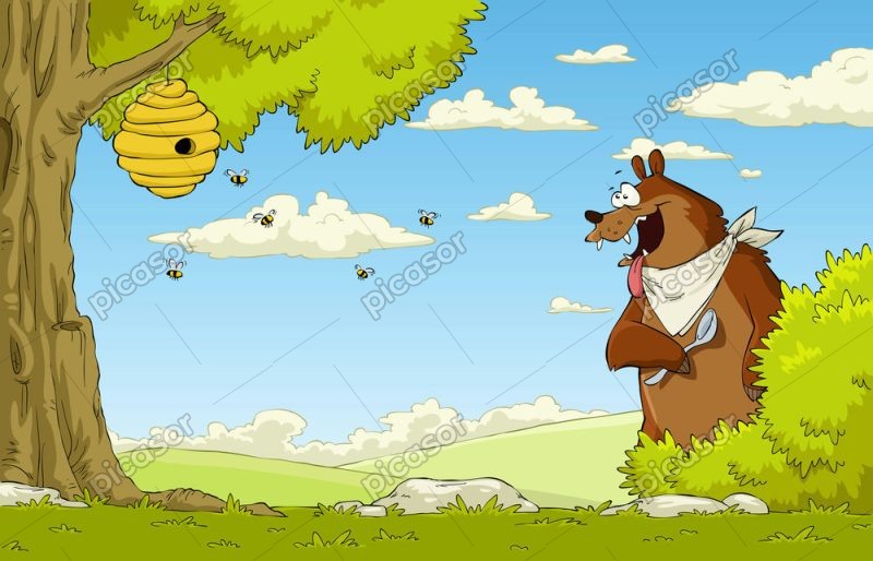 وکتور خرس با کندوی زنبور عسل طرح کارتونی