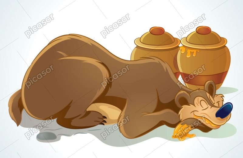 وکتور کارتونی خرس کنار ظرف عسل