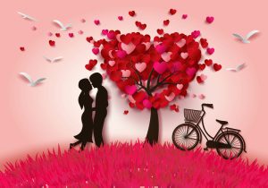 وکتور زوج عاشق کنار درخت عشق - وکتور پس زمینه درخت با قلبهای کوچک قرمز