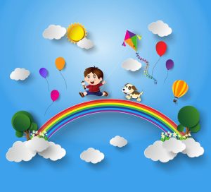 وکتور پسربچه با کایت روی رنگین کمان - وکتور کودکانه از پسربچه با سگ و رنگین کمان