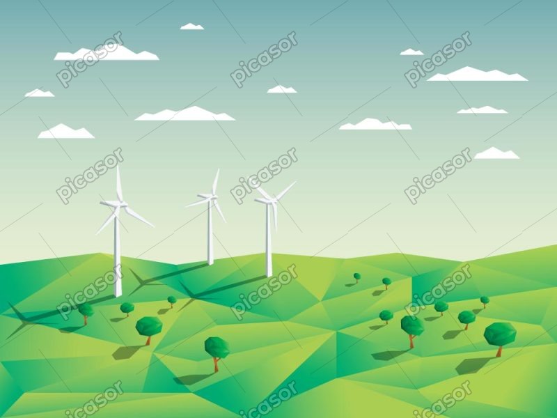 وکتور توربینهای بادی با زمین سبز - وکتور پس زمینه انرژی پاک و زمین پاک با انرژی بادی